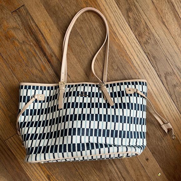Spartina 449 Jetsetter Tote White Cream Blue Cream Stripe Geometric Large Travel - Picture 3 of 11